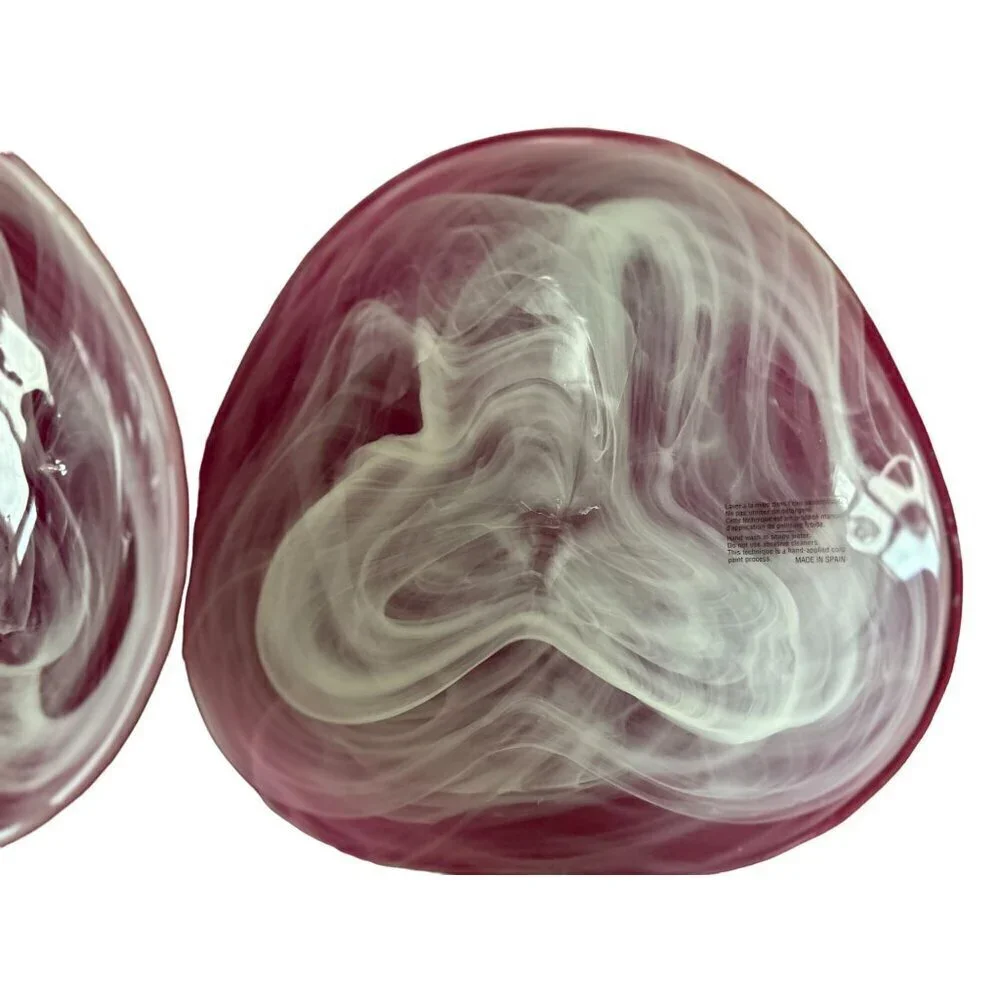 Set of 2 Spanish Glass Bowls by ALAMI Hand blown glass, red outside swirled whit